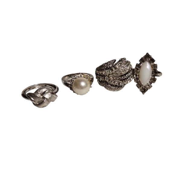 Vintage Jewelry - Set of 4 Vintage Silver Tone Cocktail Rings
